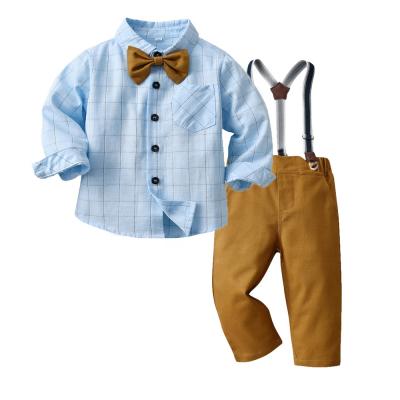 China Autumn 2021 casual spring cotton plaid shirt suspenders blue pants and long sleeve two sets of British children's wholesale for sale