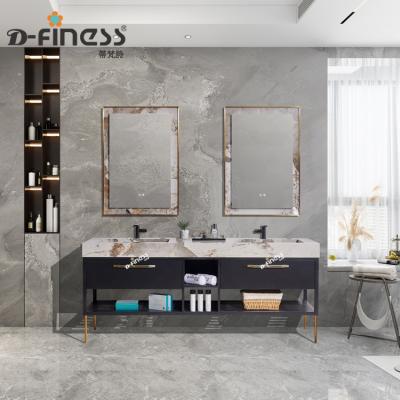 China Luxury Environmentally Friendly Bathroom Vanity With Rock Stone Marble Basin Pandora Integrated Double Sink for sale