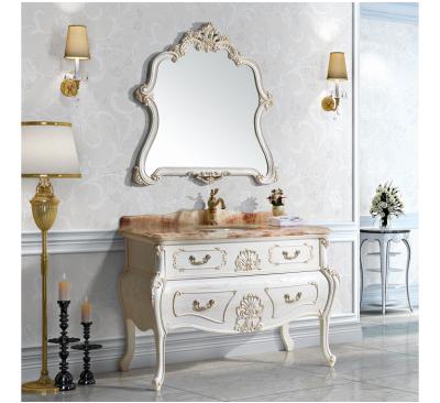 China Durable European Antique Style Hand Carving Solid Wood Bath Vanity Furniture With Jade Stone Top for sale