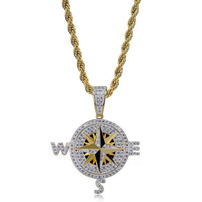 China Tide Brand Hiphop Compass Shape Personality Full Zircon Compass Tide Men's Necklace Accessories Best-Selling Pendant for sale