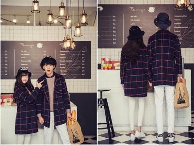 China Orange / White / Navy Wool Blend Winter Coat Tartan Couple Wear Lover'S Cloth for sale