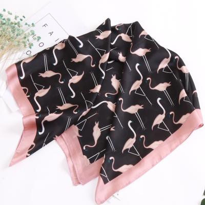 China 2021 New Arrival Satin Small Scarf 70*70cm Flamingo Pattern Cute Square Elegant Soft Smooth Luxury Ice Silk Scarf For Girls for sale