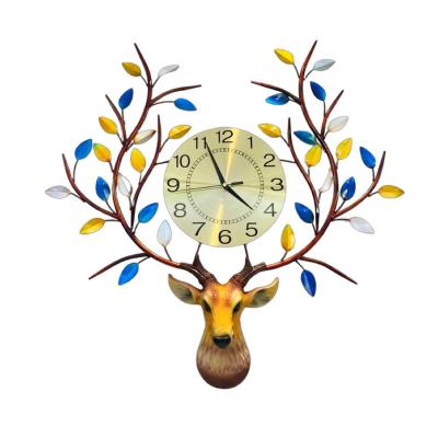 China Antique Style Living Room Hallway Decoration Deer Horn Shape Metal Wall Clock Christmas Decoration Deer Wall Decor for sale