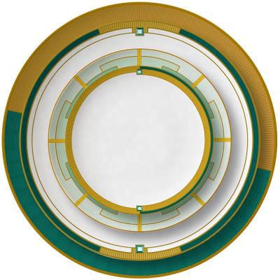 China Stocked Wholesale Green And Yellow Round Bone China Dinner Dishes Pattern Sets Custom Made for sale