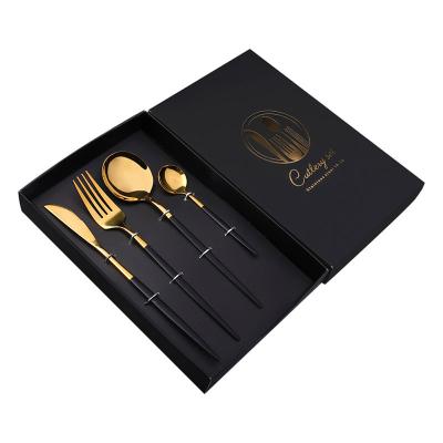 China Viable Portuguese Stainless Steel Steak Cutlery 4 Piece Black Gold Spoon Knife Fork Set for sale