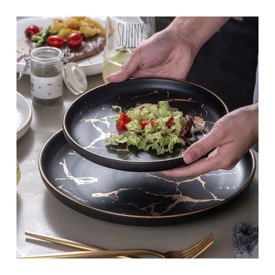 China Household Marble Stocked Nordic Pattern Matte Gold Rim Luxury Steak 8 Inch Ceramic Dish Restaurant Dish for sale