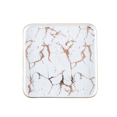 China Nordic Household Stocked White Black Square Shape Ceramic Marble Plate Dishes For Western Restaurant for sale