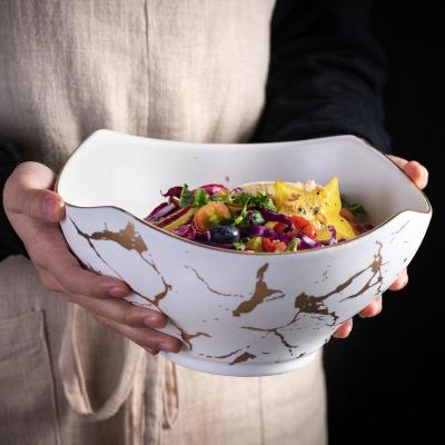 China Luxury Marble Pattern Restaurant Fruit Dish Stocked Ceramic Bowl With Bamboo Rack Dish for sale