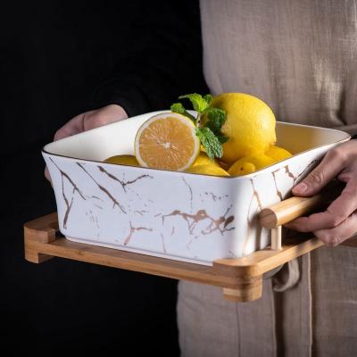 China Wholesale Wooden Frame Square Fruit Bowl Fruit Porcelain Marble Household Stocked Ceramic Bowl for sale