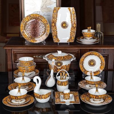 China European Stocked Porcelain Tableware Set Luxury Bone China 60 Pieces Plates Bowl Set Gold Dinnerware Ceramic Dinner Set for sale