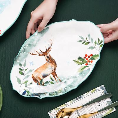 China Wholesale Sustainable Luxury Decorative Ceramic Fruit Platter Dish Dinner Serving Bone China Ribs Animals Forest Ceramic Dish for sale