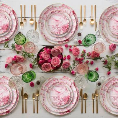 China Wholesale Ceramic Viable Marble Pattern Porcelain Tableware Rose Gold Rim Charger Dish Steak Dish Set for sale