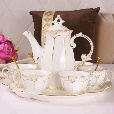 China Wholesale Stocked 8pcs Gold Rim Hand Painted Teapot Set Ceramic Tea Set Coffee Set for sale