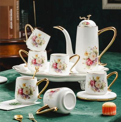 China Luxury Ceramic Decal Design Flower Tea Set Coffee Cup Stocked Turkish Saucer 8pcs Saucer Sets Fine Bone Tea Set With Teapot for sale