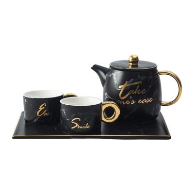 China Stocked Wholesale Black White Ceramic Coffee Tea Set Porcelain Afternoon Teapot and Tea Cup Set for sale