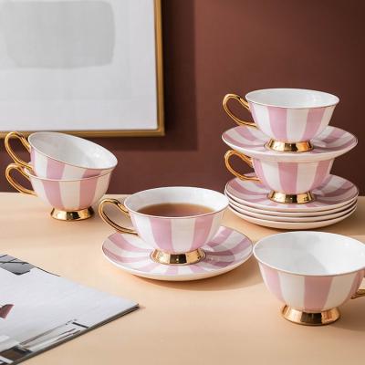 China Sustainable Elegance Pink Cup Saucer Set 6 Cup Saucers Ceramic Coffee Tea Sets for sale