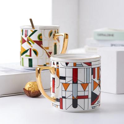 China Sustainable Household Geometric Pattern Ceramic Cup Office 7 Shaped Handle Porcelain Cup With Lid And Spoon for sale