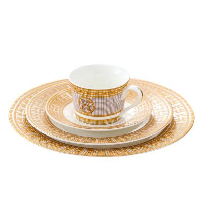 China Stocked Luxury Royal Arabic Fine Dinner Set Porcelain Mosaic Decal Bone China Dinner Dish Cup Set for sale