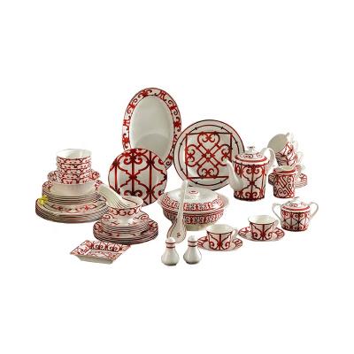 China Stocked Luxury Fine Bone China Dinnerware Set 58 Pieces Window Grills Porcelain Dish Spoon Red Dinner Set and Dish Bowl for sale