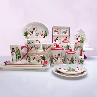 China Wholesale Stocked Nordic Country Christmas Snowman Dishes Dish Set Embossed Craft Bowl Cup Western Ceramic Tableware for sale