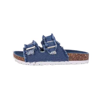 China Fashion trend Baiyi denim fringed denim sandals women's outdoor slippers cork shoes platform women's sandals for sale