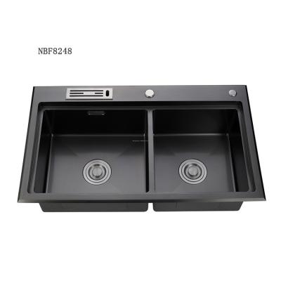 China With Faucet Premium Quality Modern Nano Black Stainless Steel Kitchen Handmade Double Bowl Sink for sale