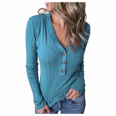 China Anti-Wrinkle Women's Long Sleeve V-Neck Ribbed Button Knit Sweater Solid Color Tops for sale