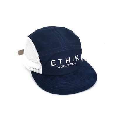 China Custom Blue White Cotton Common Brim 5 Panel Suede Brim Mesh Snapback Hat Flat Brim Mesh Snapback Hat for sale