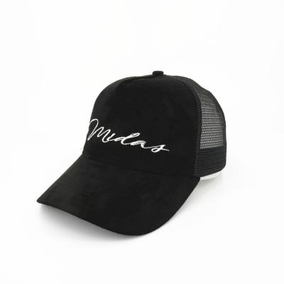 China COMMON Custom 5 Panel Black Suede Trucker Hat for sale