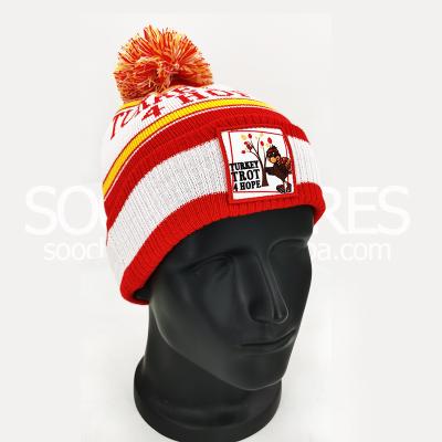 China JOINT Pom Pom Beanie Hats Custom Hockey Knitted, Flip Cap With Print Merrow Border Embroidery Patch for sale