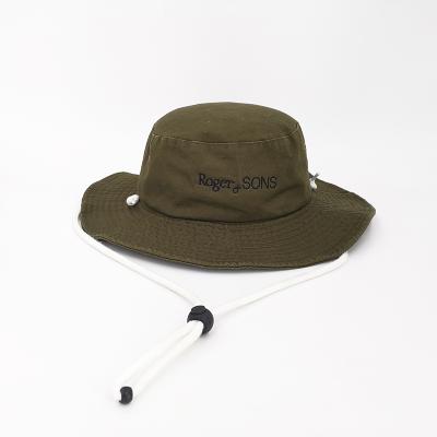 China Image Picture Customer Metal Supplies Grommets Mens Army Green Cotton Embroidered Bucket Hat With String for sale