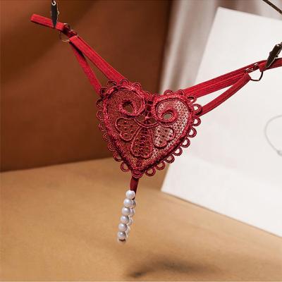 China Hot Selling High Quality Sexy Women Panties Pearl Beaded Thong,Heart Lace See Through Panties,Wholesale Lingerie Sexy Panties for sale