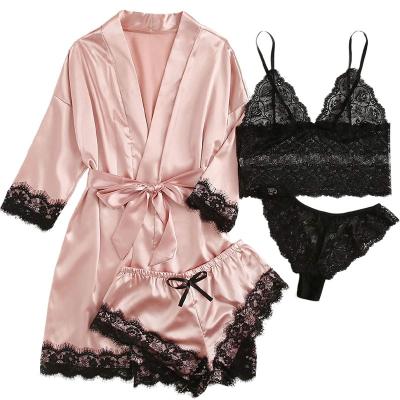 China Women's Breathable Satin Pajama Set Floral Lace 4pcs Trim Lingerie Sleepwear Set for sale