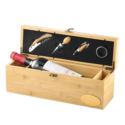 China Contemporary Stylish High Quality Bamboo Wood Material With Drip Ring Bottle Opener Wine Bottle Cork Wine Box Zinc Alloy Gift Set for sale