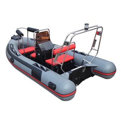 China Water Sports 15ft Deep V Shape PVC/Hypalon Fiberglass Hull RIB 430 Inflatable Fishing Boat With Front Railing for sale