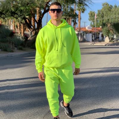 China Men's Fashion Hooded Sweatpants Autumn Winter Casual Tracksuit Two-Piece Sweatshirt Breathable Fluorescent Green Sets for sale