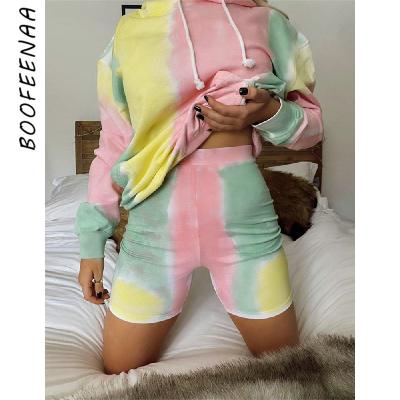 China Anti-pilling Fall Long Sleeve Tie Dye Printed Hoodies Sweat Shorts Two Piece Set Tracksuit Women Clothing for sale