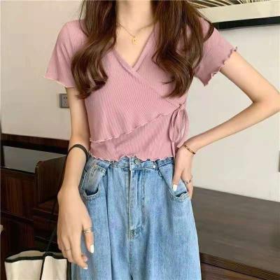 China Summer Women's T-shirts Summer Anti-wrinkle Bandage Crop Top Female Ruffle V-Neck Stitches Short Sleeve for sale