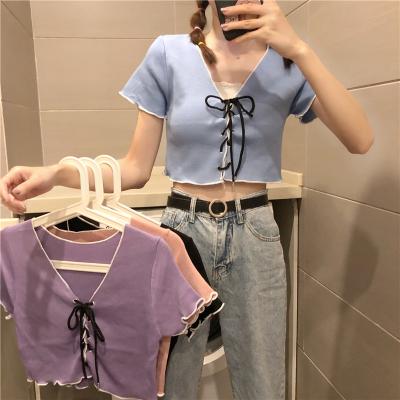 China Summer Regular Women T-Shirts Slim Fit V-Neck Women's Shirts Lace Up Patchwork Stitch Knit Crop Tops for sale