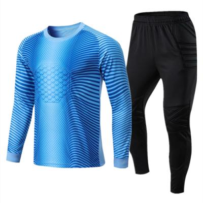 China Fabric: 100% Polyester Breathable Adult Jersey Goalie Long Sleeve Soccer Jersey Set Professional Goalie Football Uniform Sponge Pad Shirt Pants Shorts for sale