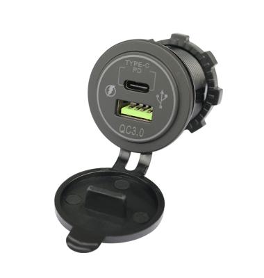 China Black Dual USB QC3.0 Car Charger Socket With Type-C Port And Green Led Voltmeter Motorcycle USB Charger Adapter for sale