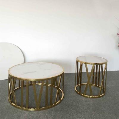 China Contemporary C30 Luxury Clock Gold Round Coffee Table Side Table Ceramic Marble Top Set for sale