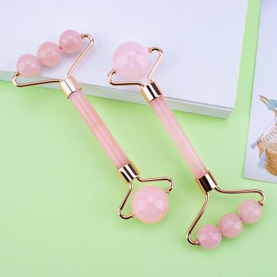 China Custom Logo Tool Eco-Friendly Pink Jade Stone Double Head Face Guasha Roller Jade Roller Face Massager for sale