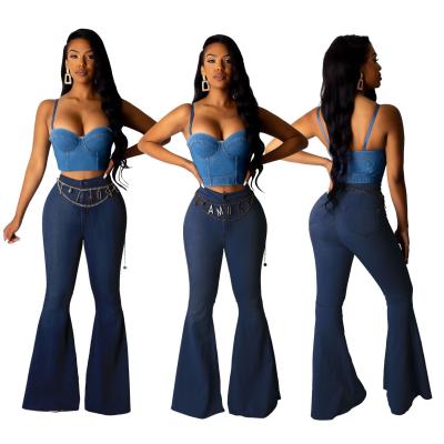 China 2021 Fashion QUICK DRY Ladies High Waist All-match Slim Fit Jeans Stretch Denim Flared Pant Ruffle Jean Women for sale