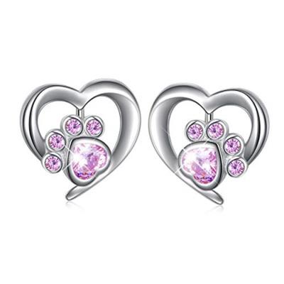 China Fashionable Wholesale Shiny Zircon Jewelry Paw Footprint 925 Silver Heart Shape Stud Earrings for sale