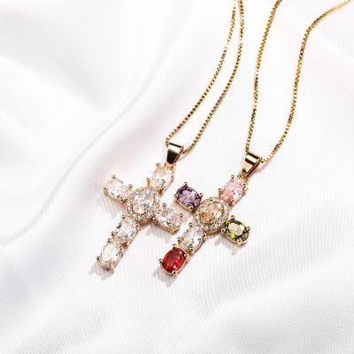 China Hiphop Hip Hop Jewelry Luxury Delicate Gold Plated Cross Inlay Real Exaggerate Rainbow Cubic Zirconia Cuba Chain Necklace For Women for sale