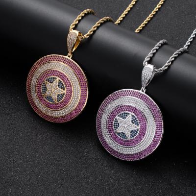 China Hiphop Blues RTS Hip Hop Personality Full Iced Out Rainbow Color Zircon Captain American Shield Pendant Necklace for sale