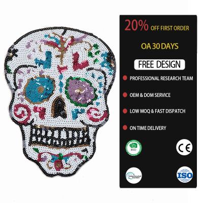 China Viable 30days Office Clothing Patches Custom Apparel Accessories Embroidered Patch Sequins Skull Tinplate On for sale