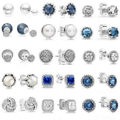 China CLASSIC Silver-Blue Round Brilliant Zircon S925 Style Pandoraer Square Stud Earrings for sale