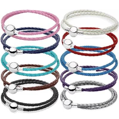 China 1:1 Original High Quality 925 Punk Leather Rope Silver Colorful Beaded Bracelet for sale